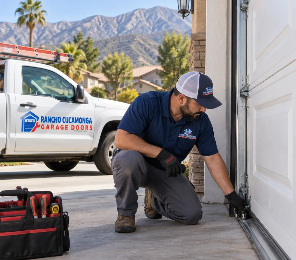 Contractor inspecting the rollers and track of a residential garage door in Rancho Cucamonga
