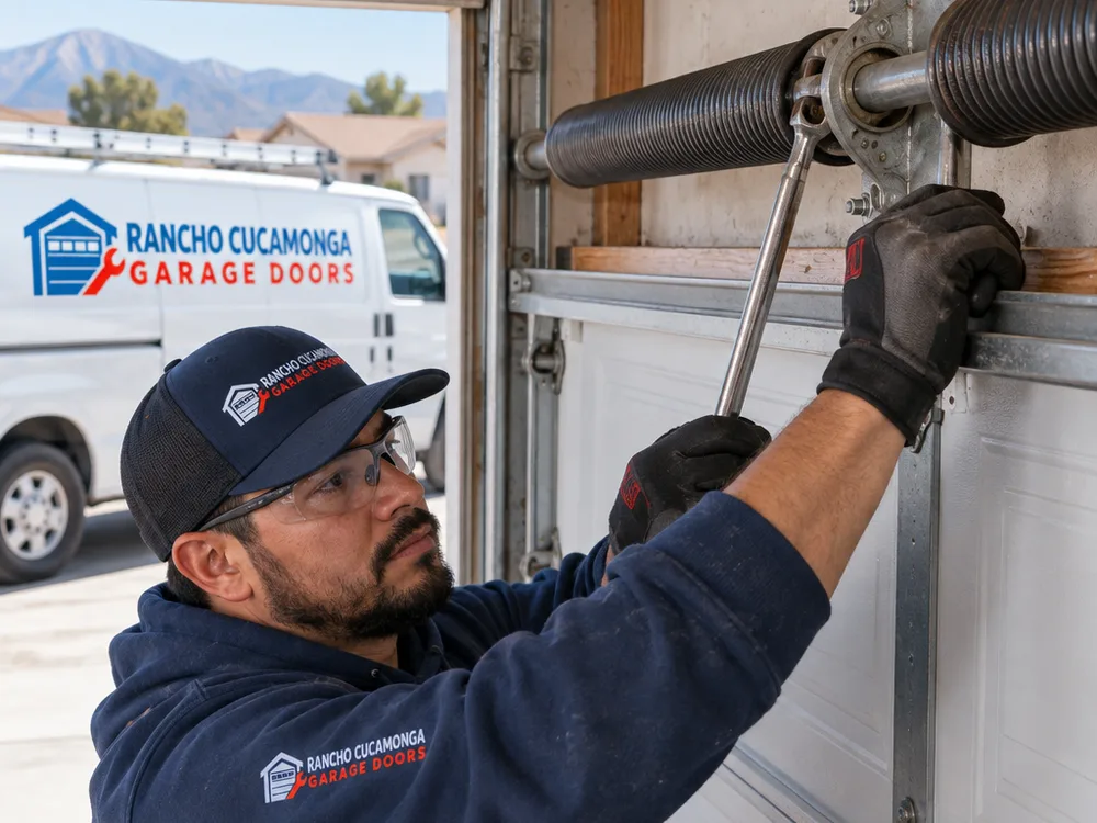 Garage door torsion spring and center bearing hardware above a residential door