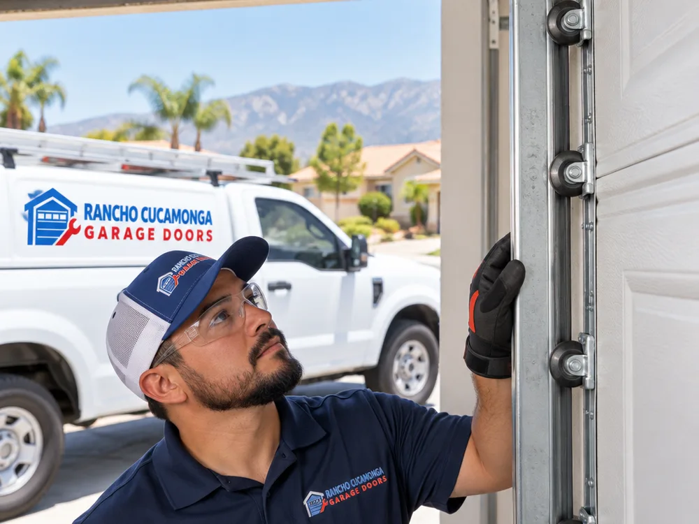 Properly aligned residential garage door track and rollers