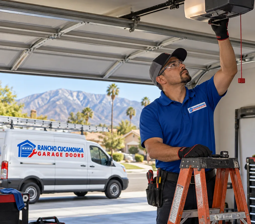 Contractor inspecting a residential garage door opener trolley and overhead rail
