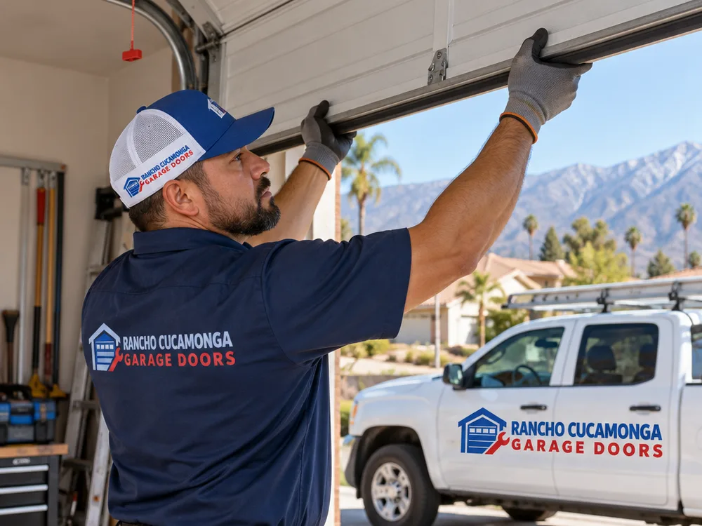 Contractor testing garage door balance manually with the opener disconnected