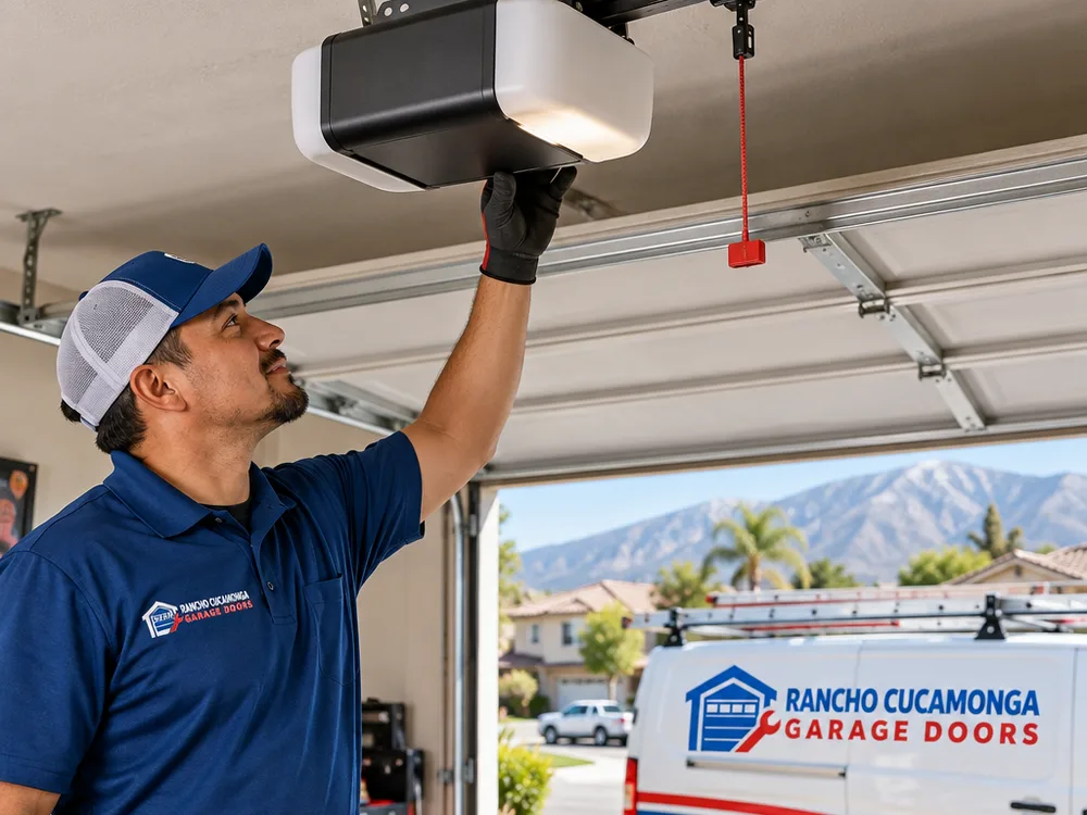 New ceiling-mounted garage door opener with aligned rail and neatly secured wiring