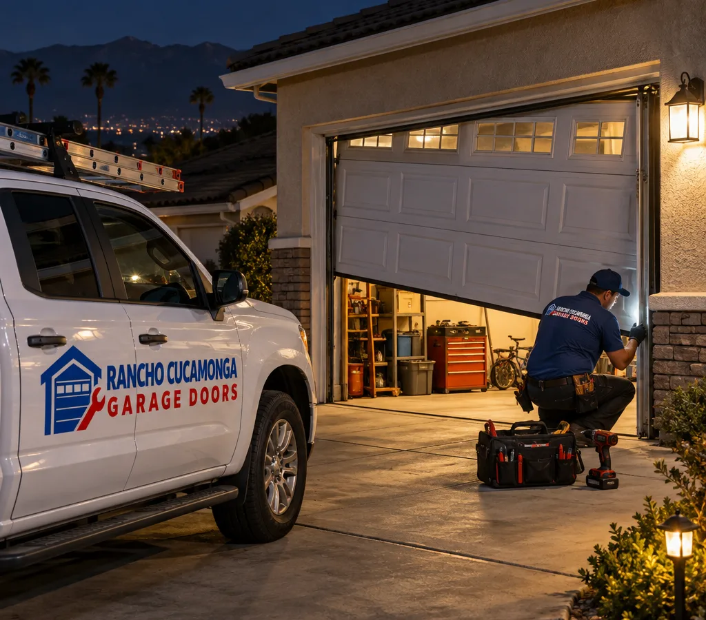Residential garage door partially open and jammed after hours