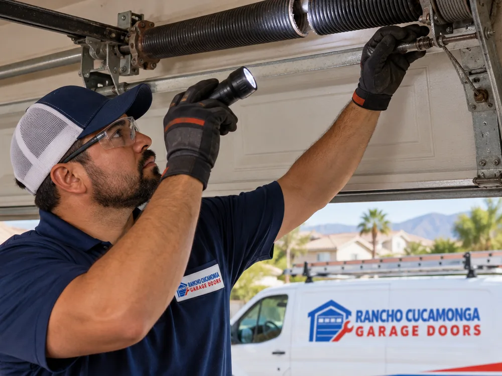 Contractor inspecting a garage door torsion spring and cable assembly with a flashlight