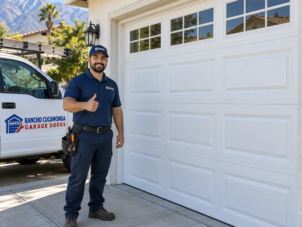 Residential garage door fully closed, level and aligned after repair