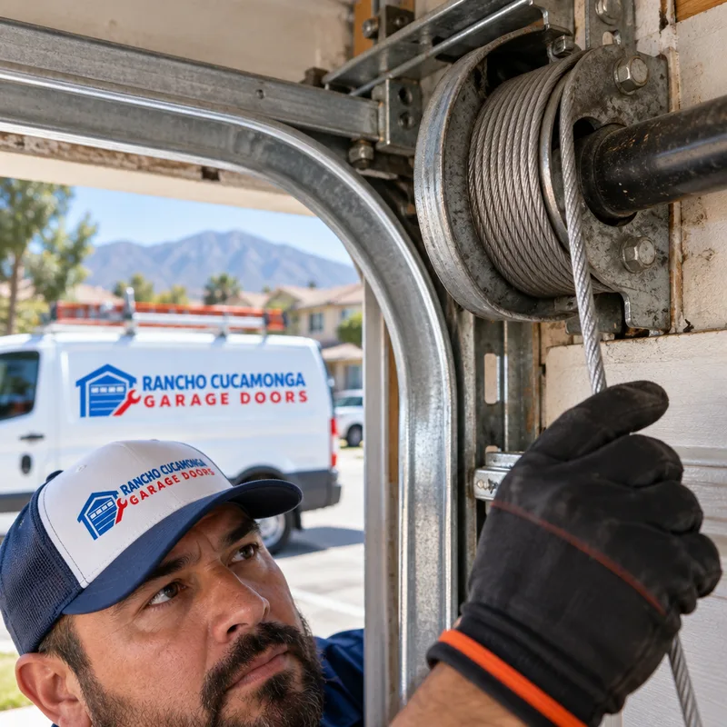 Close-up of lift cable that has jumped the drum groove near the top corner of a garage door