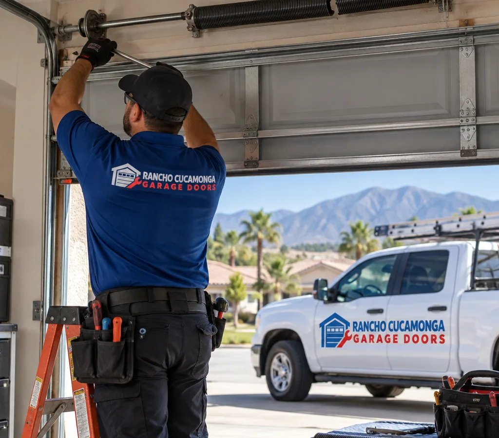 Residential garage door partially open with a visible torsion spring assembly above the door