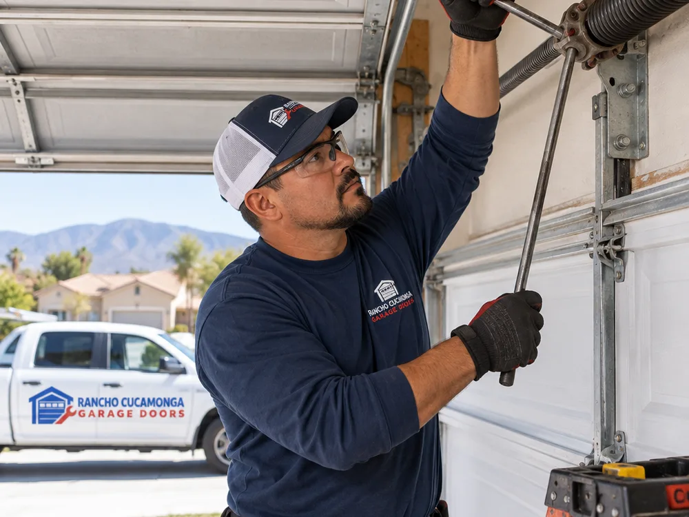 Contractor using winding bars to adjust a torsion spring on a residential garage door