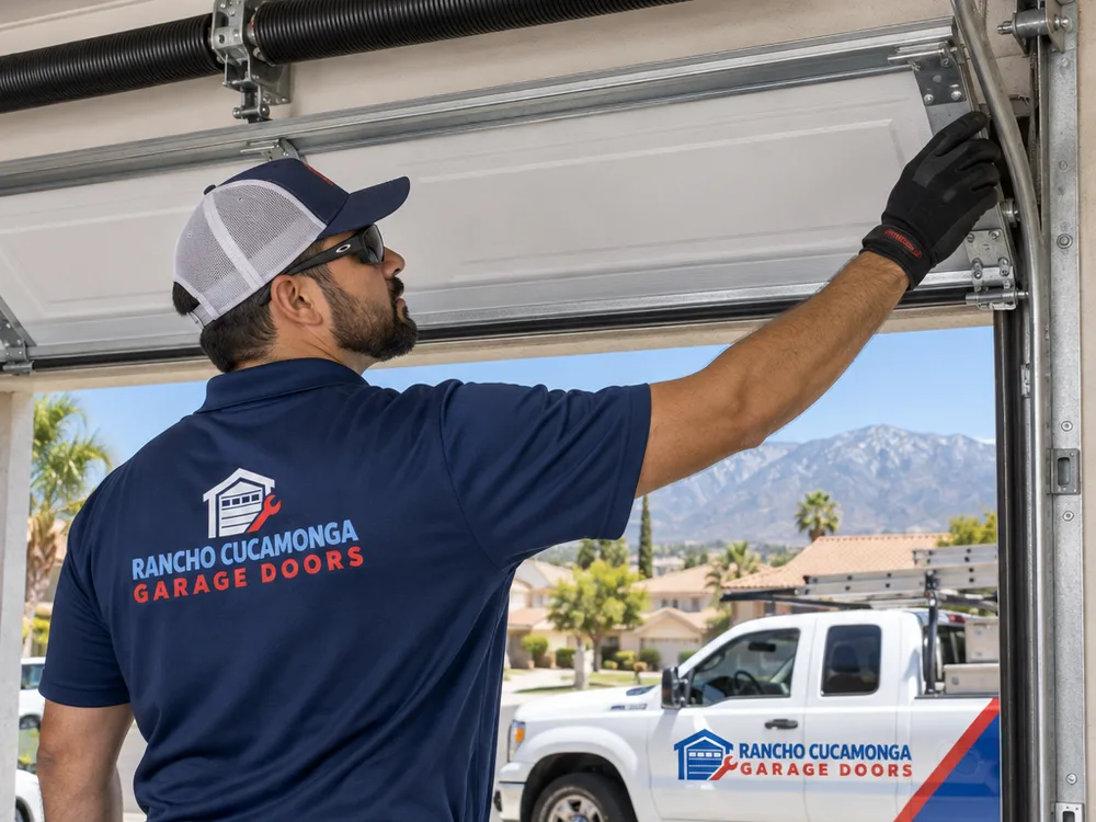 Residential sectional garage door operating smoothly with aligned cables and a visible torsion spring assembly