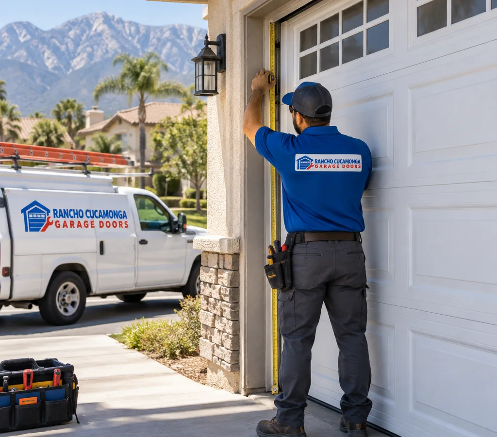 Installer measuring a residential sectional garage door opening at the jambs