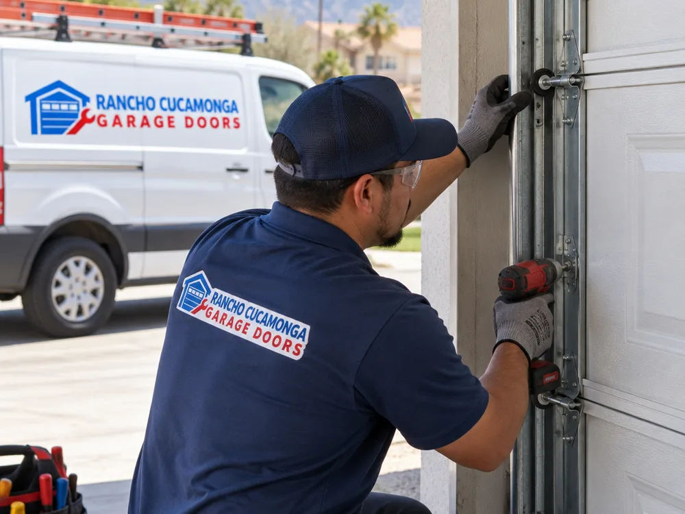Contractor aligning a vertical garage door track and checking roller travel