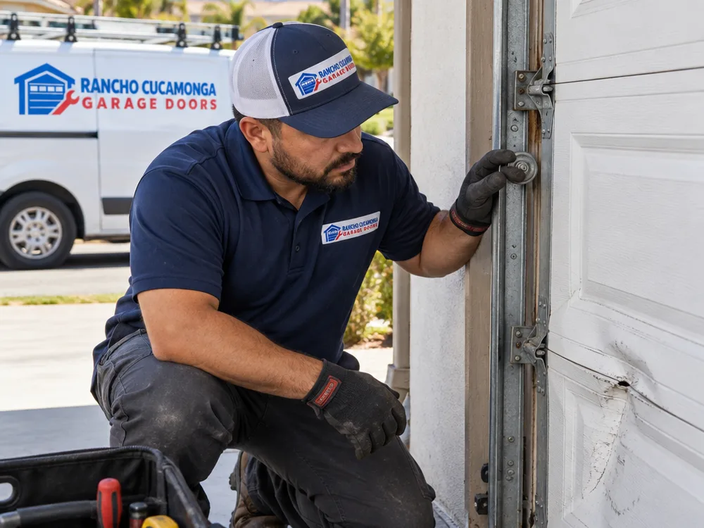 Contractor inspecting a dented lower garage door panel, track alignment, and roller condition