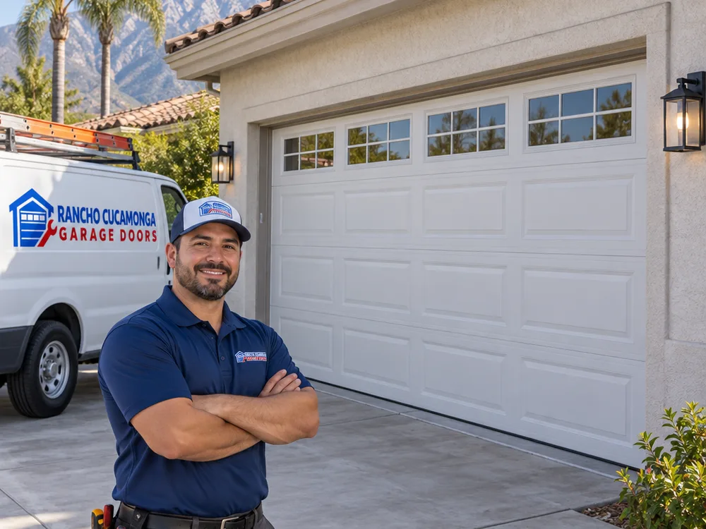 Finished insulated steel garage door with a simple window row on a stucco home