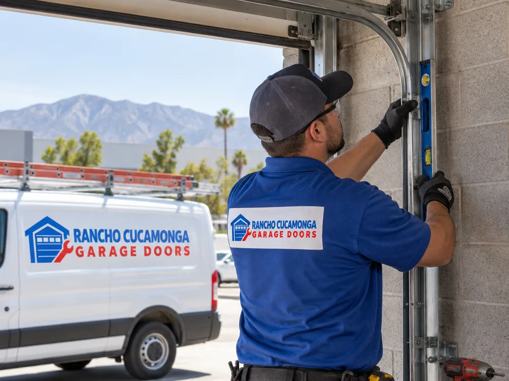 Contractor leveling and anchoring commercial overhead door tracks to a masonry opening