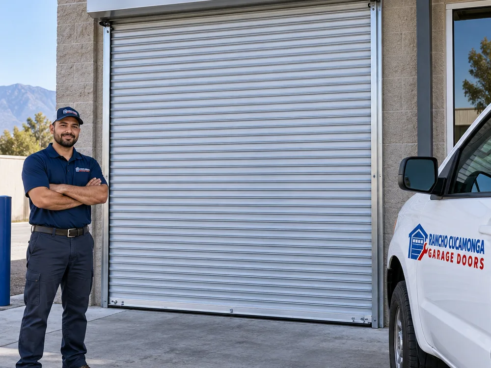 Rolling steel door installed on a commercial opening with guides and bottom bar visible