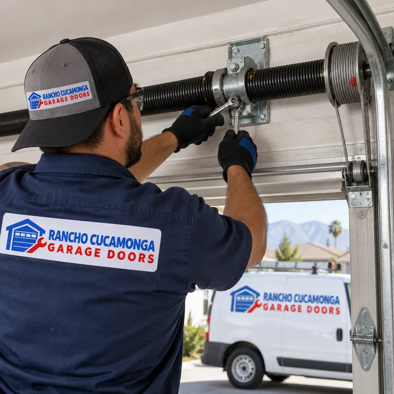 Torsion spring, center bearing plate, cable drums, and seated lift cables above a garage door