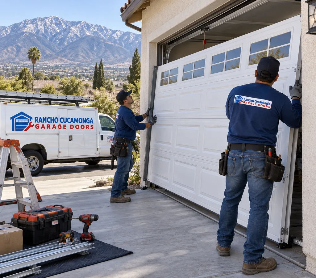 Contractor positioning a new sectional garage door on a suburban home