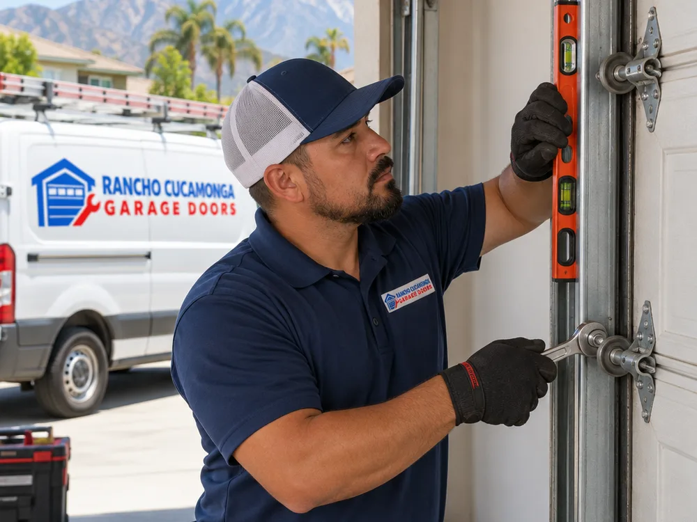 Contractor adjusting vertical garage door track alignment and roller spacing