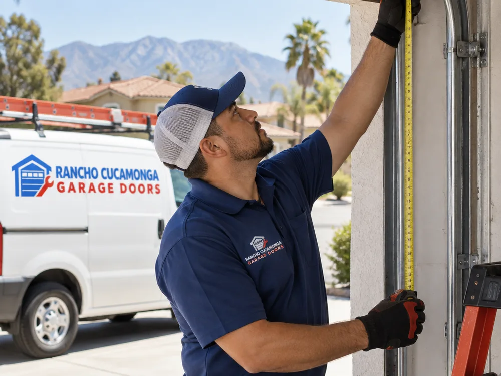 Contractor measuring a residential garage door opening and available headroom