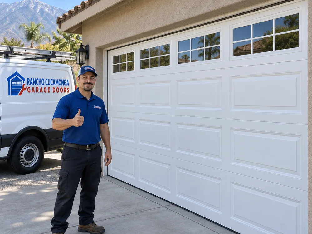 Finished insulated steel sectional garage door fitted evenly to a stucco home