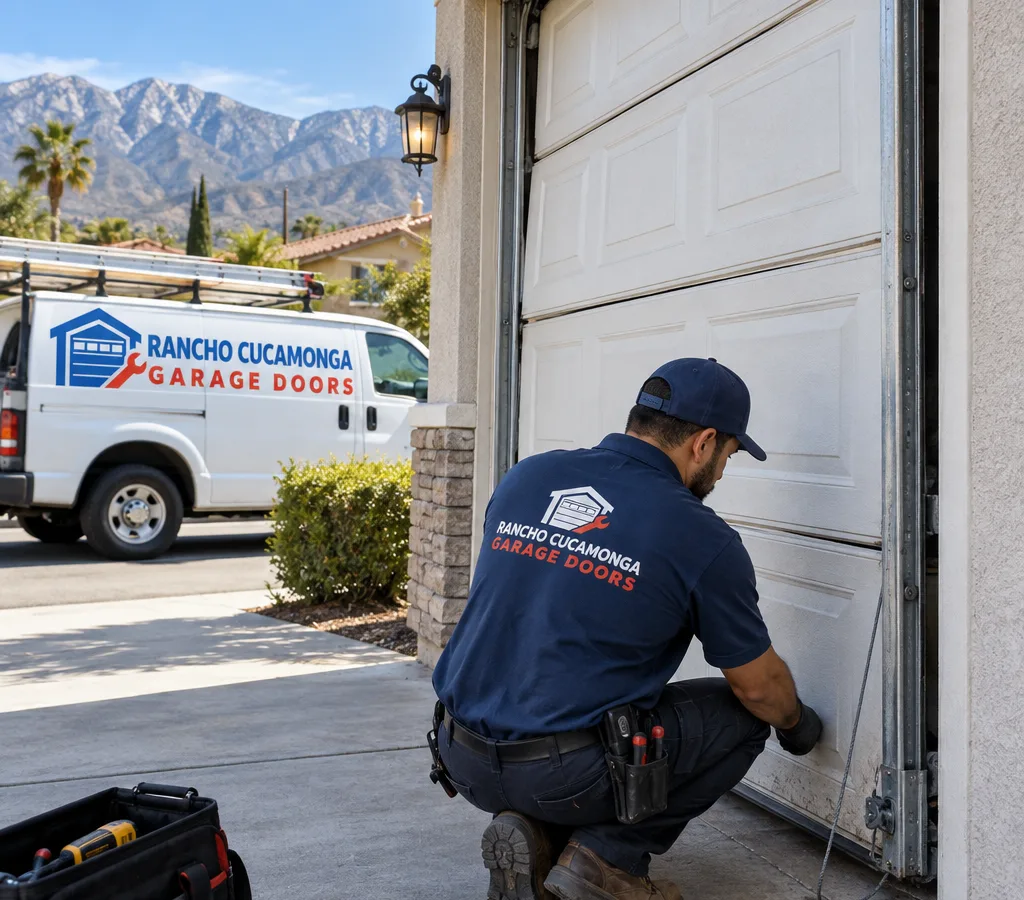 Residential sectional garage door with a slack lift cable and the door sitting crooked in the opening