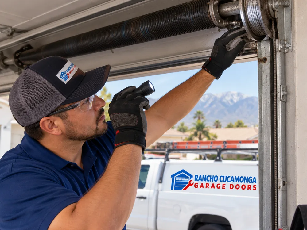 Contractor inspecting garage door lift cables and cable drums with a flashlight