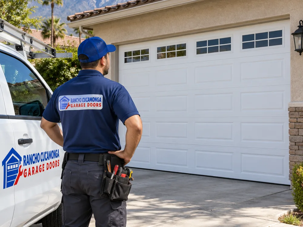 Repaired garage door sitting level with aligned tracks and evenly seated rollers