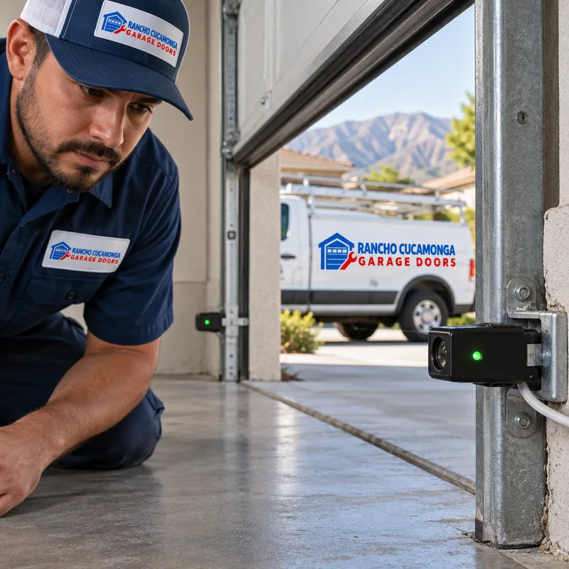 Aligned garage door photo-eye safety sensors near the floor with indicator lights visible