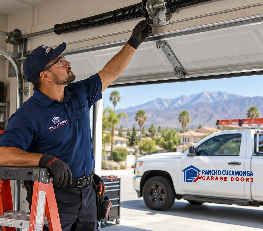 Residential garage door partially open while a contractor inspects the torsion spring and center bearing plate from a safe position