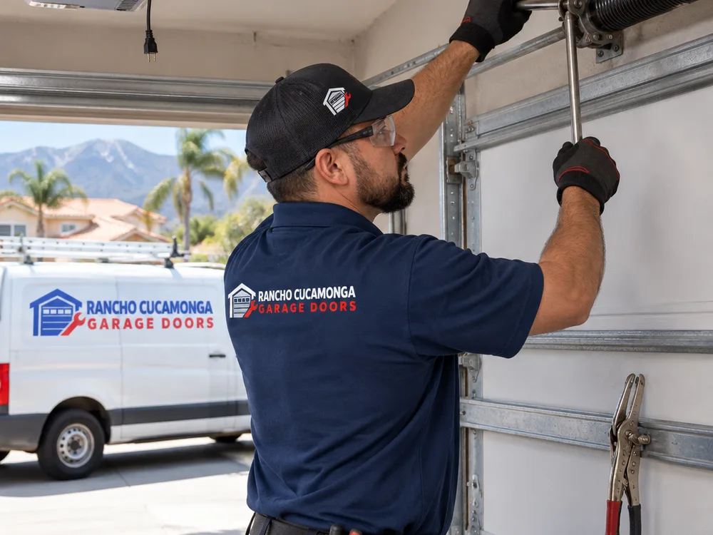 Contractor using a winding bar to service a secured torsion spring setup with the opener unplugged