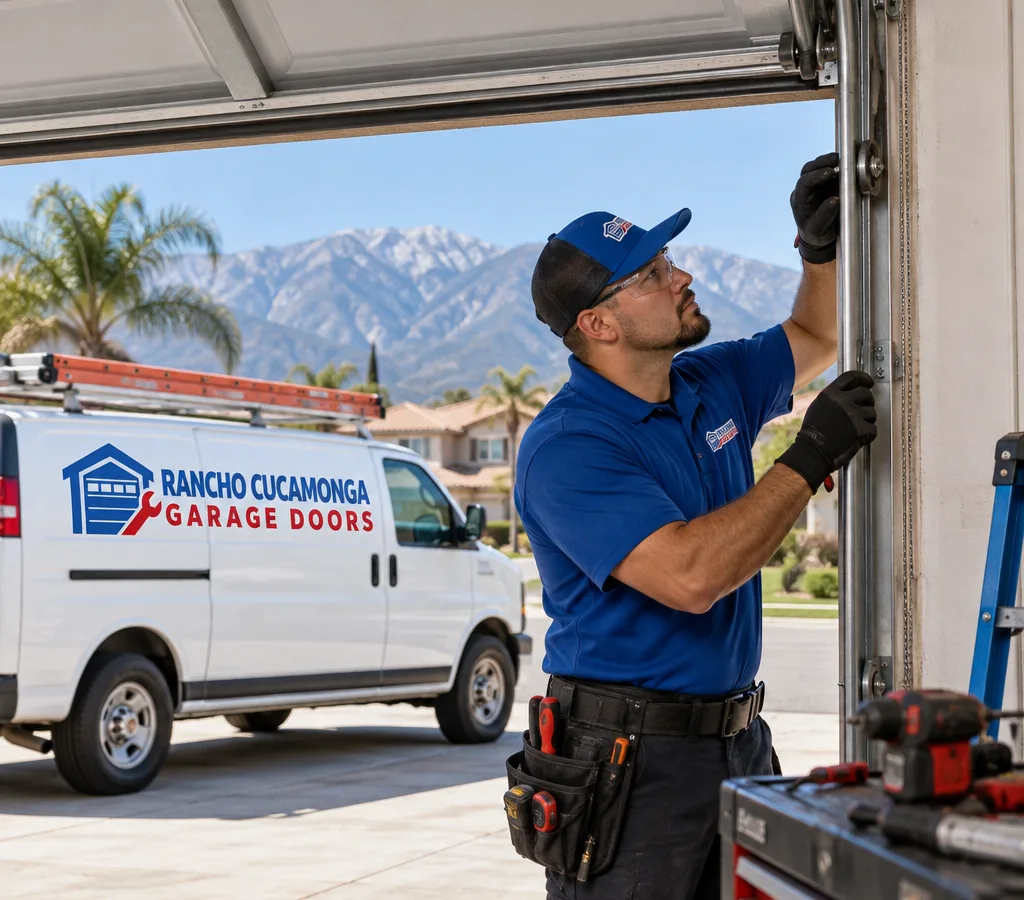 Residential garage door partially open while a contractor inspects the side track and rollers