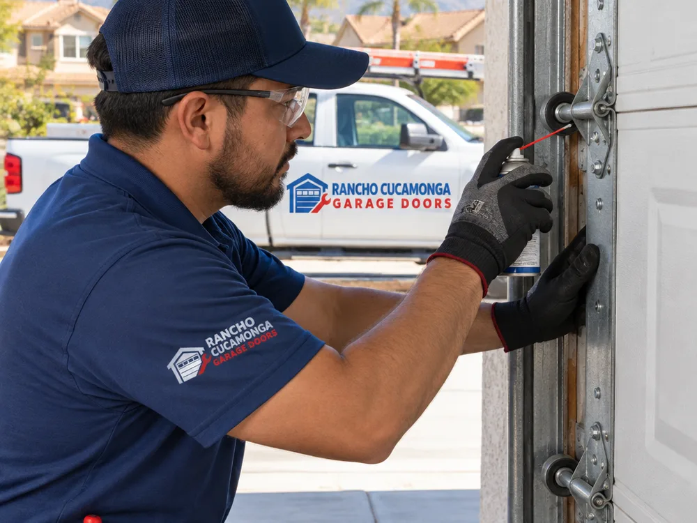 Contractor lubricating and inspecting garage door rollers, hinges, and track hardware