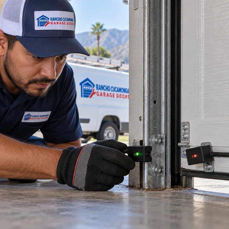 Garage door photo-eye safety sensors with one sensor slightly misaligned