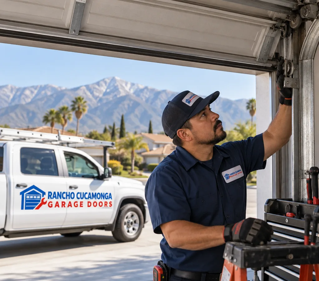 Residential garage door halfway open while a contractor inspects the track and rollers from inside the garage