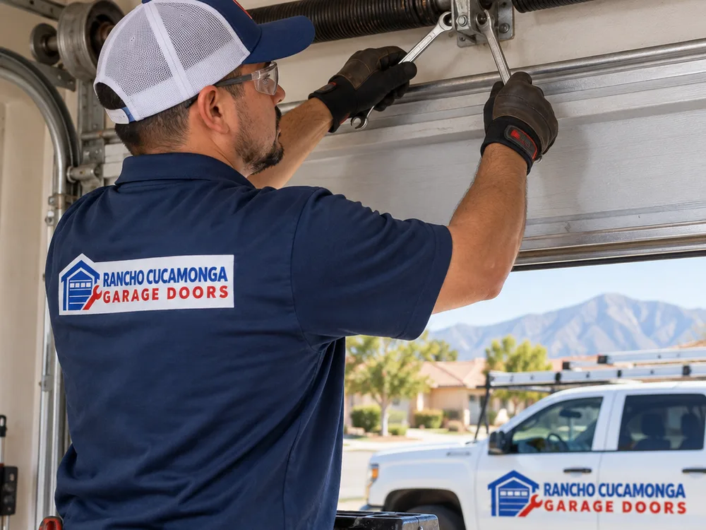 Contractor checking a torsion spring and center bearing above a sectional garage door