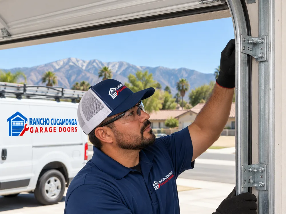 Properly aligned garage door track and jamb brackets with clean vertical and horizontal track sections