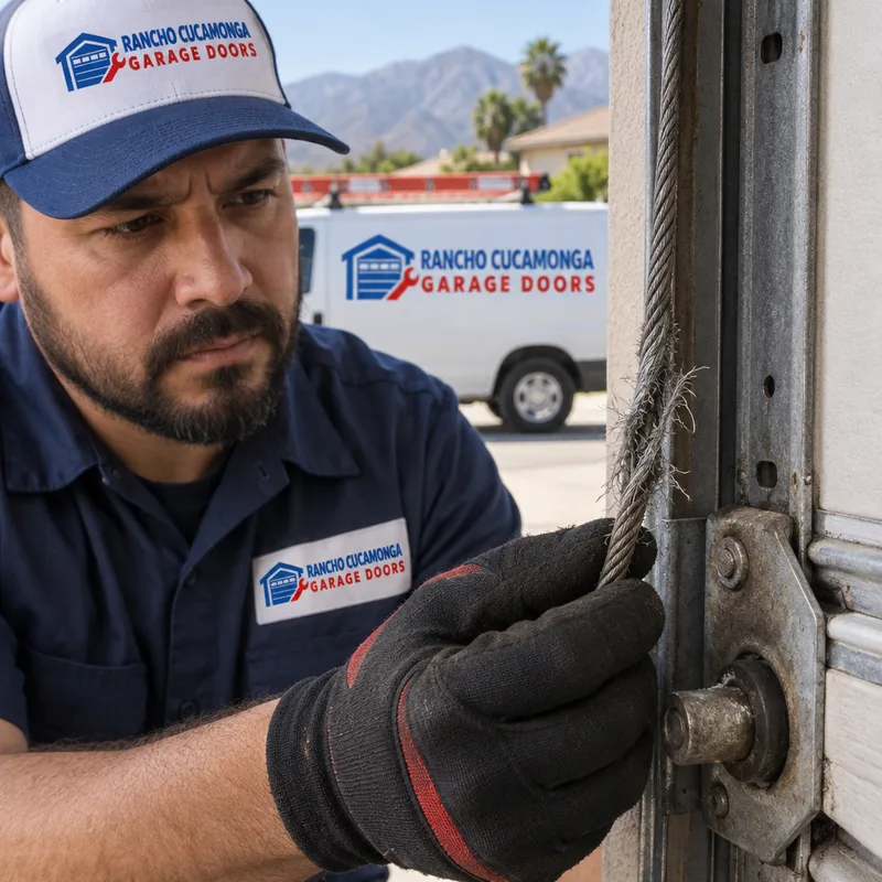 Frayed lift cable near the bottom bracket of a sectional garage door