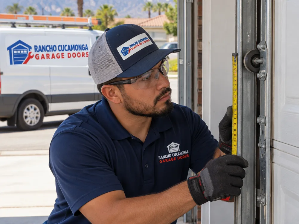 Contractor measuring garage door track alignment and inspecting roller condition