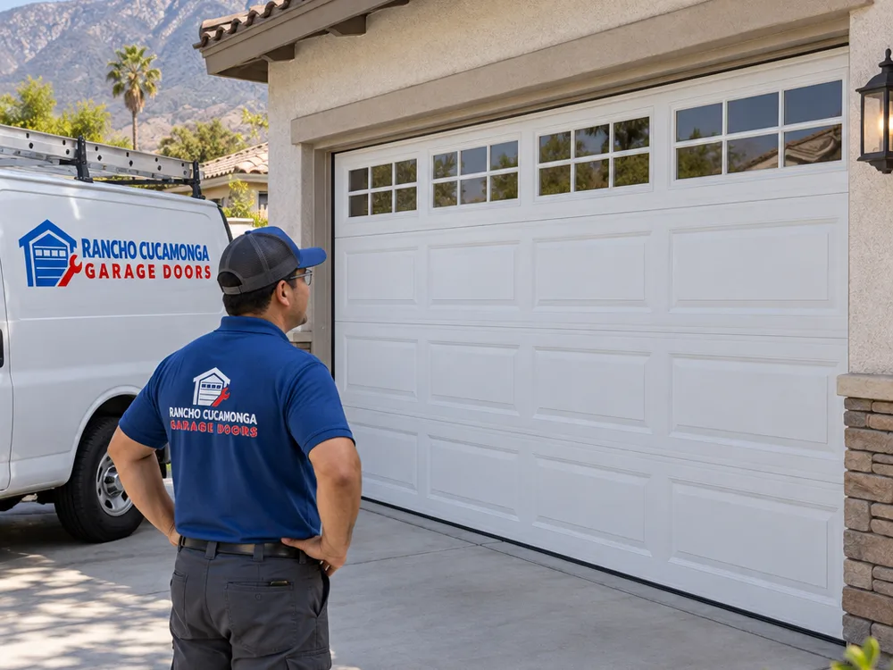 Garage door fully closed with an even reveal along both jambs and intact bottom seal