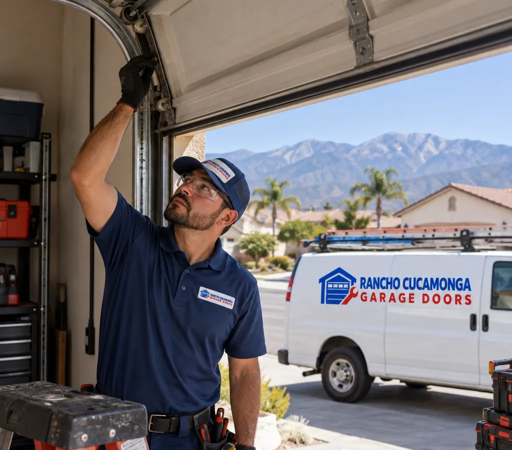 Residential garage door partially open while a contractor inspects the tracks and rollers