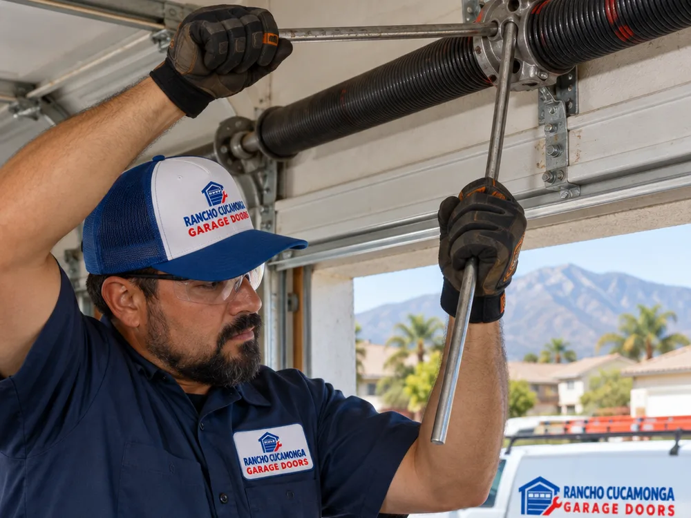 Contractor checking torsion spring tension with winding bars above a residential garage door