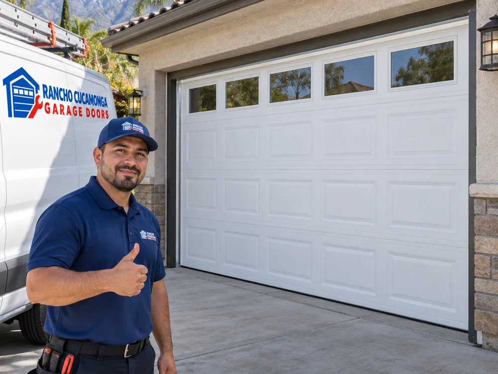 Garage door aligned evenly in its opening with clean tracks visible on both sides
