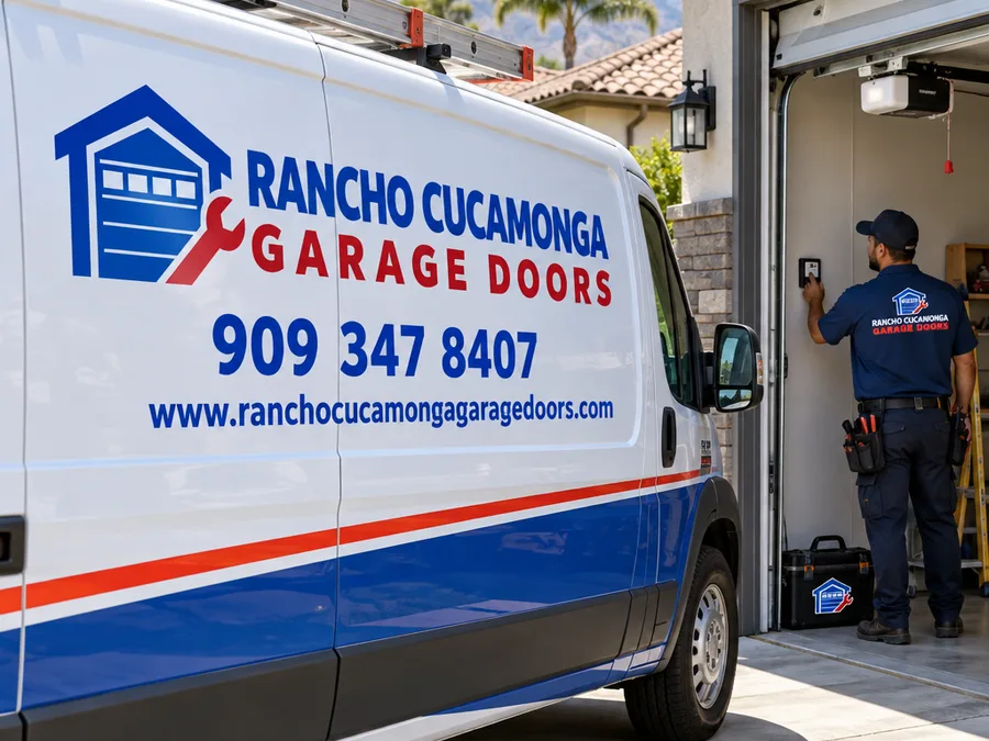 Contractor checking a residential garage door wall control and opener rail